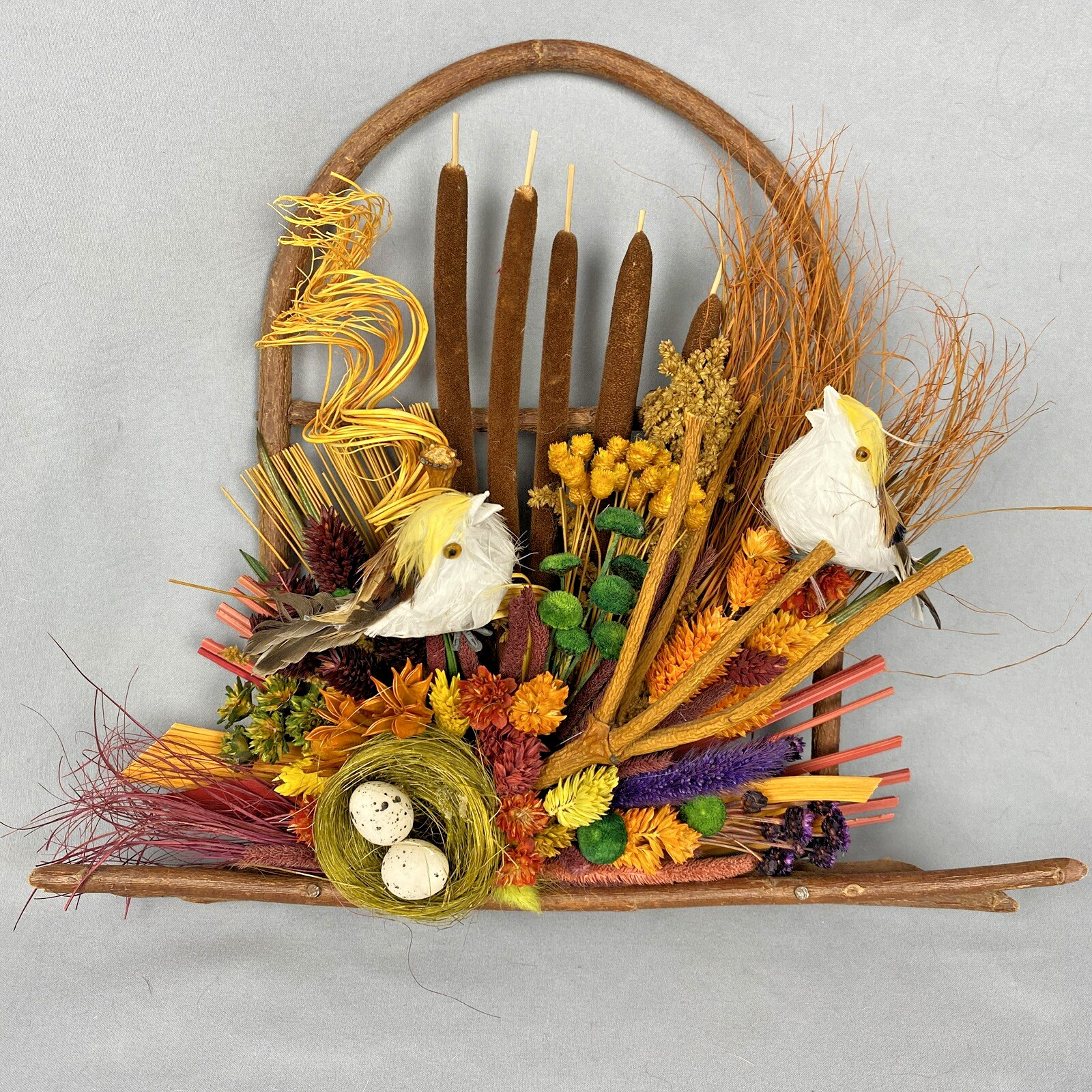 Vtg Dried Flower Birds Wall Hanging Wreath CatTails Twigs Boho Cottage 10×12