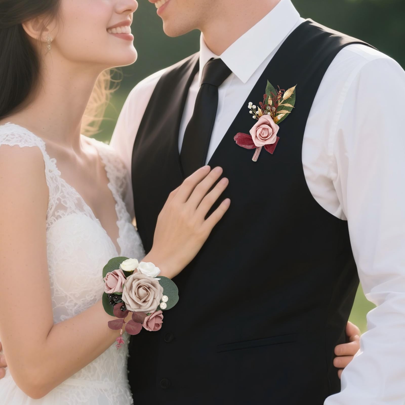 2 PCS Dusty Pink Rose Wedding Corsage Boutonniere Set Wristlet Prom Decor