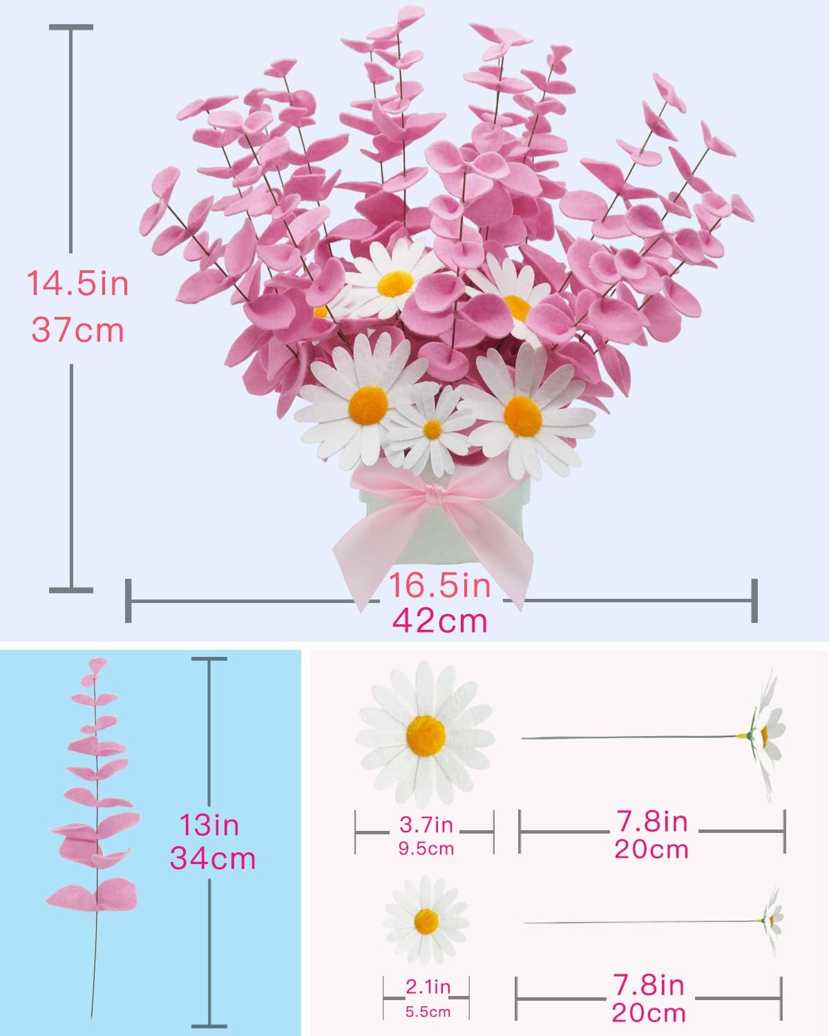 BAZIMA Felt Eucalyptus Daisy Bouquet,Felt Flowers,Multi-Color Felt Leaves,DIY…