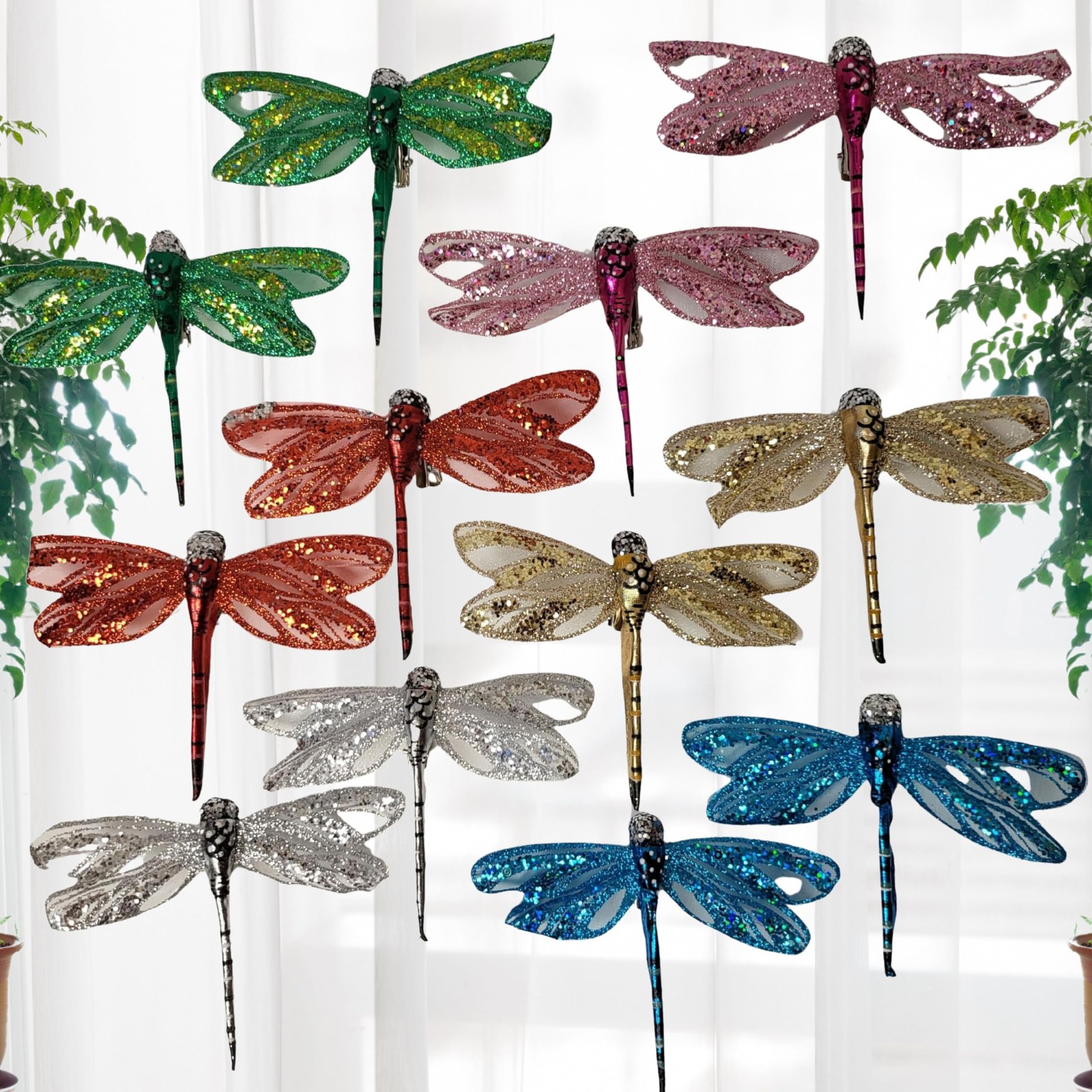Dragonfly Clip Ons Set of 12, Multicolor Glitter Dragonfly Decorations with M…