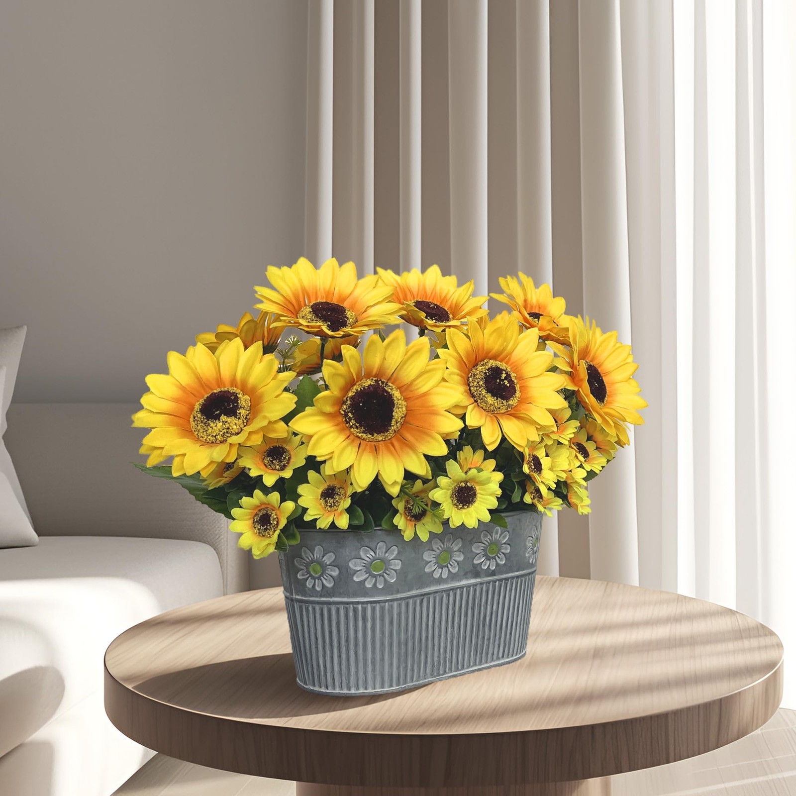 Artificial Sunflower Arrangement in Metal Basket – Realistic Faux Sunflower P…