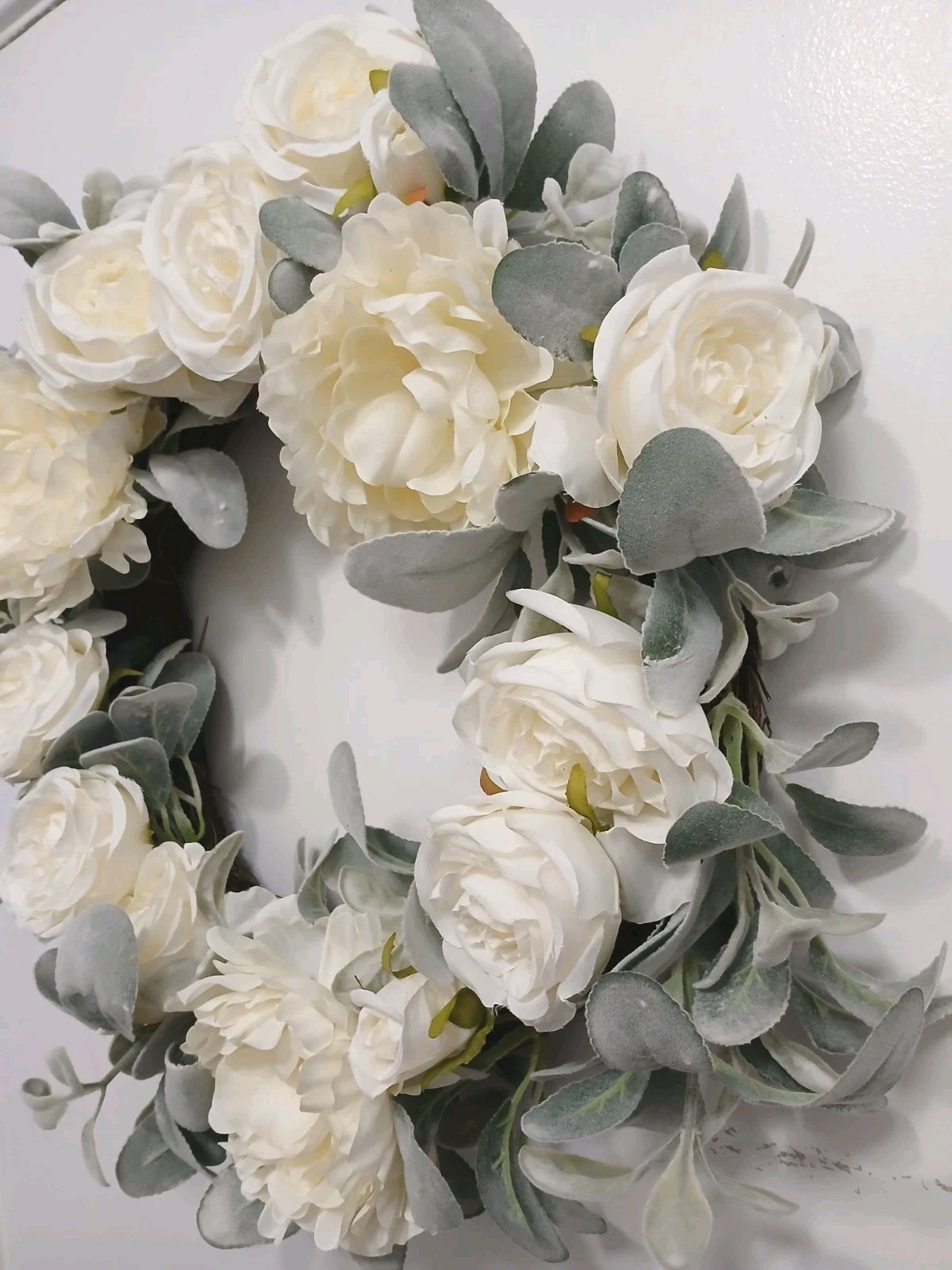 Gorgeous English White Roses & Sage Door Wreath 17″ Flower Elegant Summer Spring