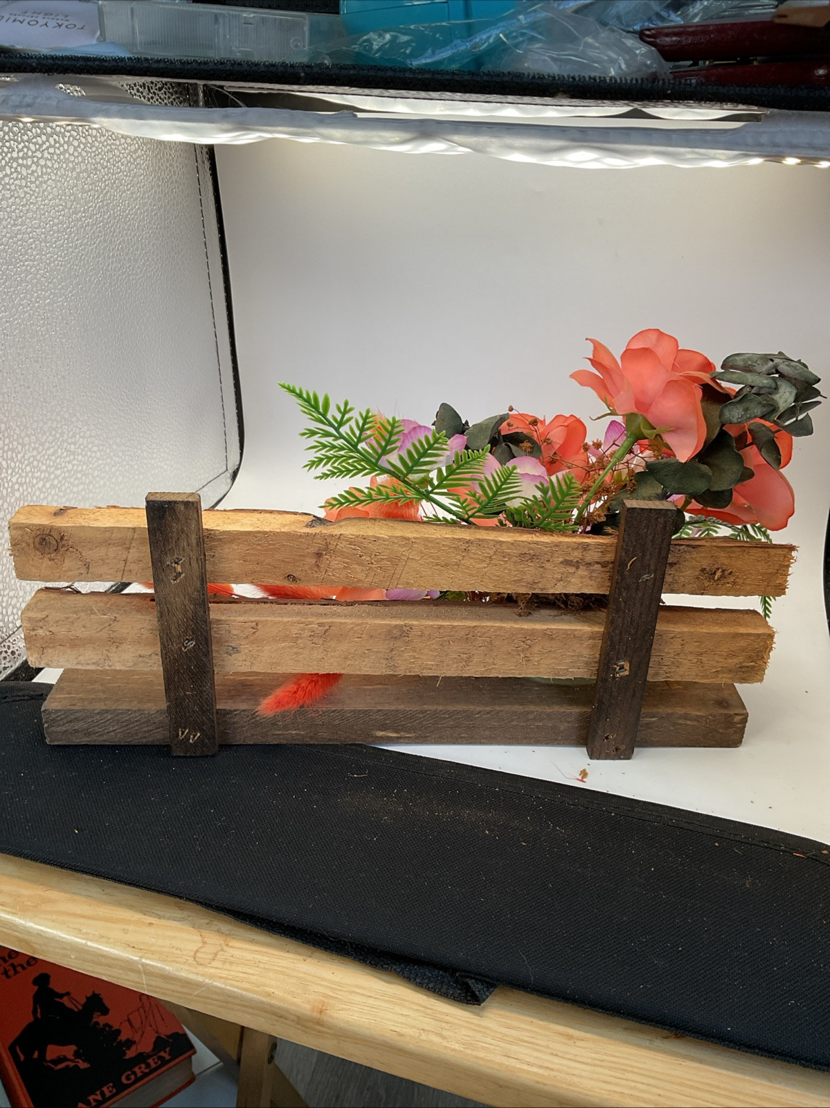 Floral Arrangement – Artificial Flowers Wooden Bench – 12”x 3.5”x 4.75”