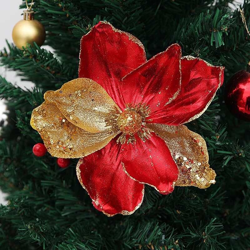 8 Pcs Christmas Tree Magnolia Flowers Ornament Glitter Red Gold 8.26 Inch