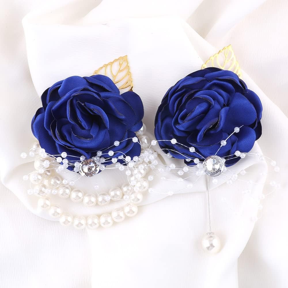 Bridesmaid Wrist Corsage Rose Boutonniere Set Wedding Prom Party Blue 2 PCS