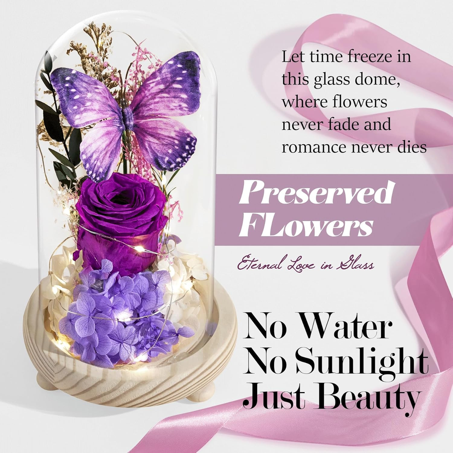 Forever Flowers Preserved Roses Prime Delivery, with Light in Glass Dome for Mom