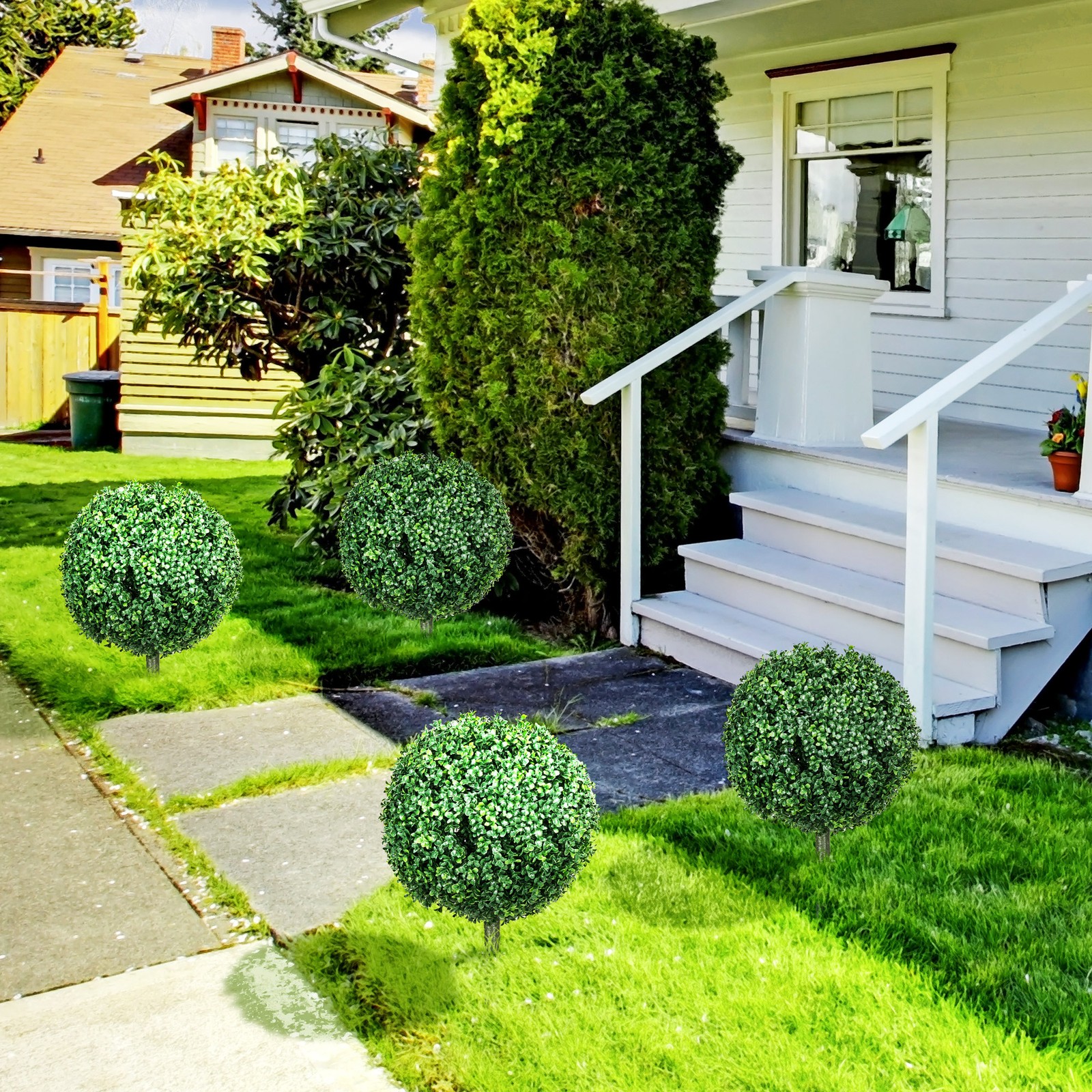 Set of 2 Artificial Boxwood Topiary Trees with Ground Stake Used
