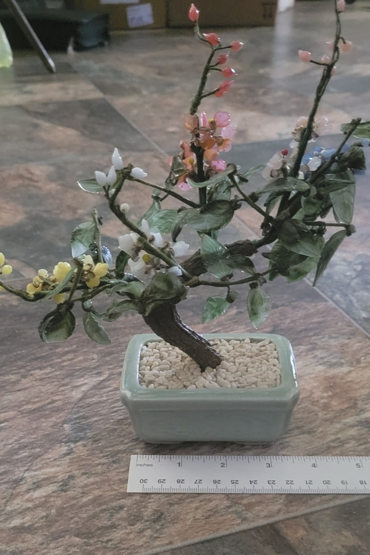 Vintage Chinese Glass Jade Bonsai Tree Celadon Pot Multi Color Flower Marked 9″