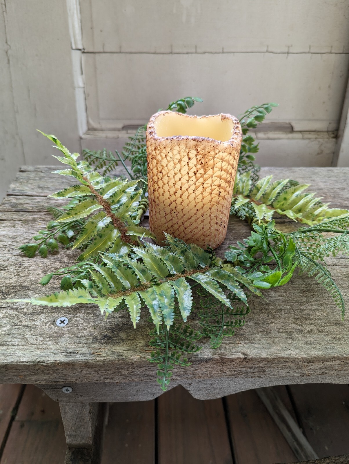 Artificial GREEN FERN CANDLE RING Floral Wreath 4.5″ In / 12″ out Summer/Fall