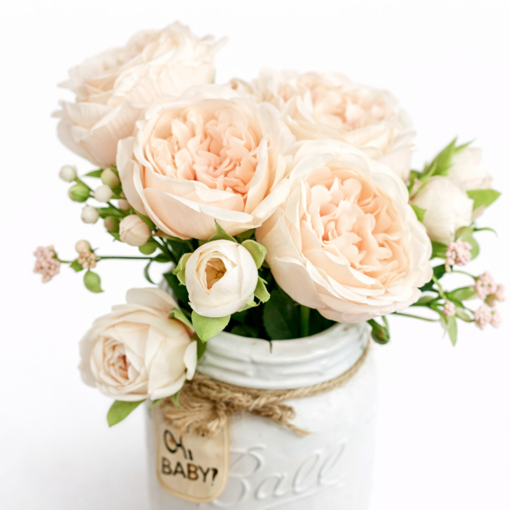 Pink English Rose Mason Jar Arrangement Baby Shower Centerpiece Nursery Decor