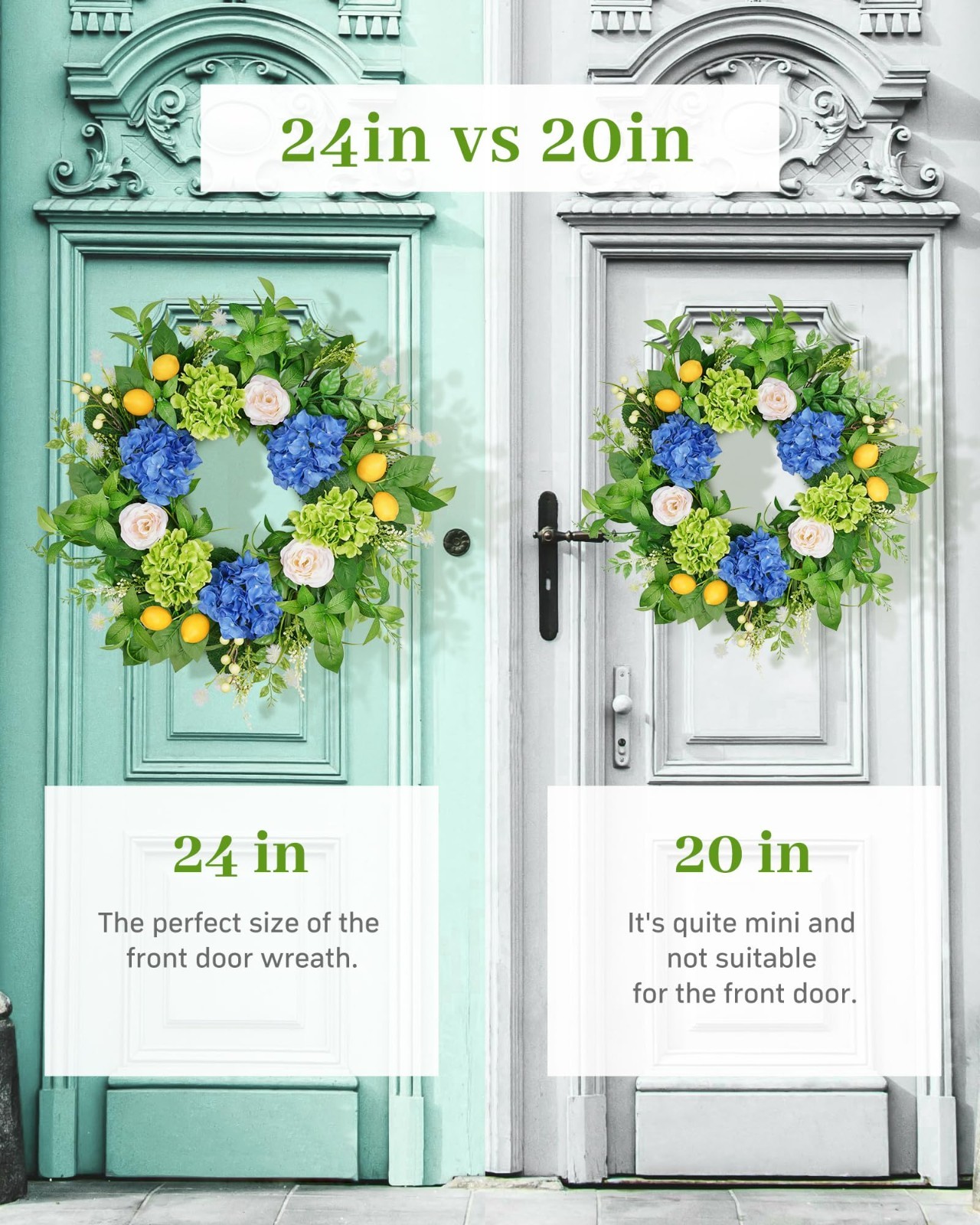 23″ Summer Floral Wreath with Hydrangea & Lemon, UV Resistant for Front Door Dec