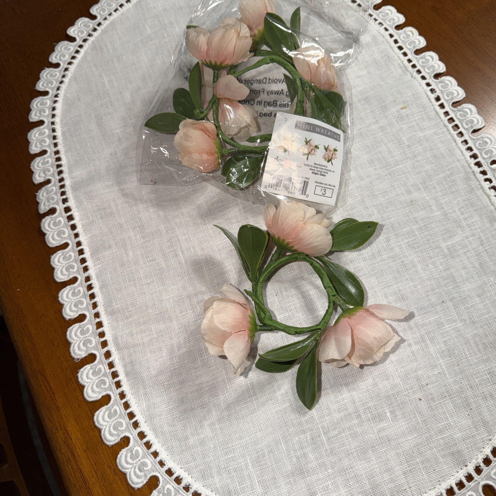 Mini Pink Floral Taper Candle Ring Green Leaves 1.5 inch inside