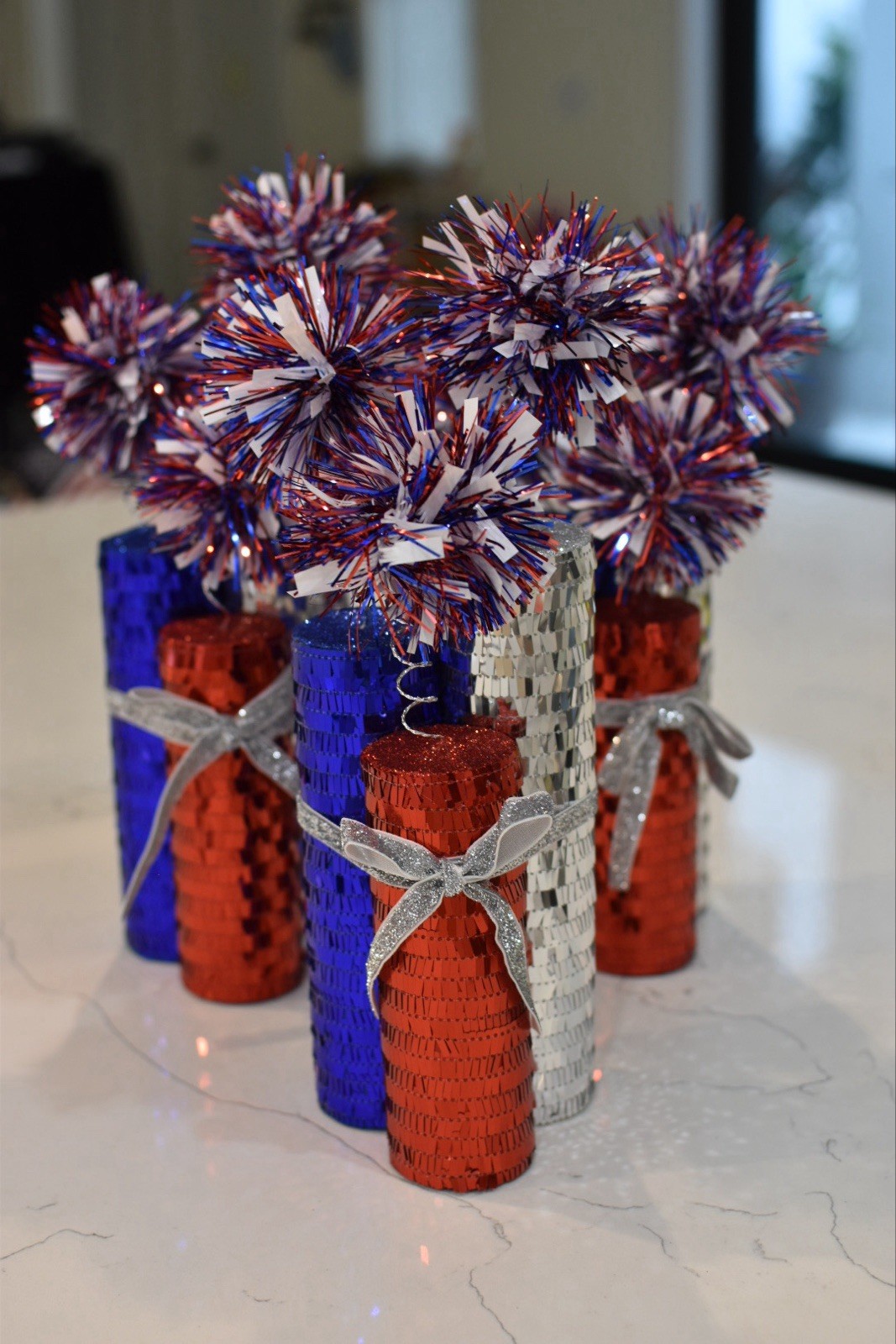 Set of Three Firecracker Centerpieces Red White and Blue Sequence USA Patriotic