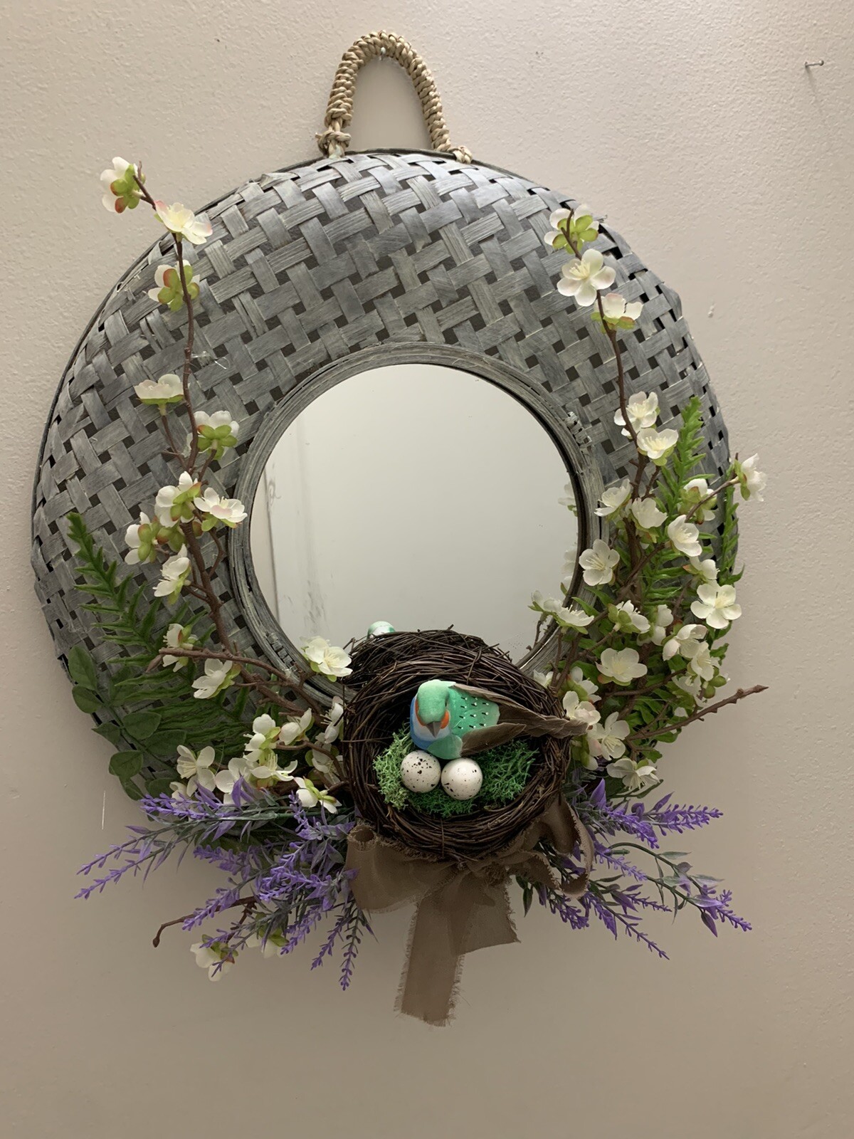 Hand Made Wicker Mirror Flower Bird Nest Wall Hanging Floral Arrangement ￼
