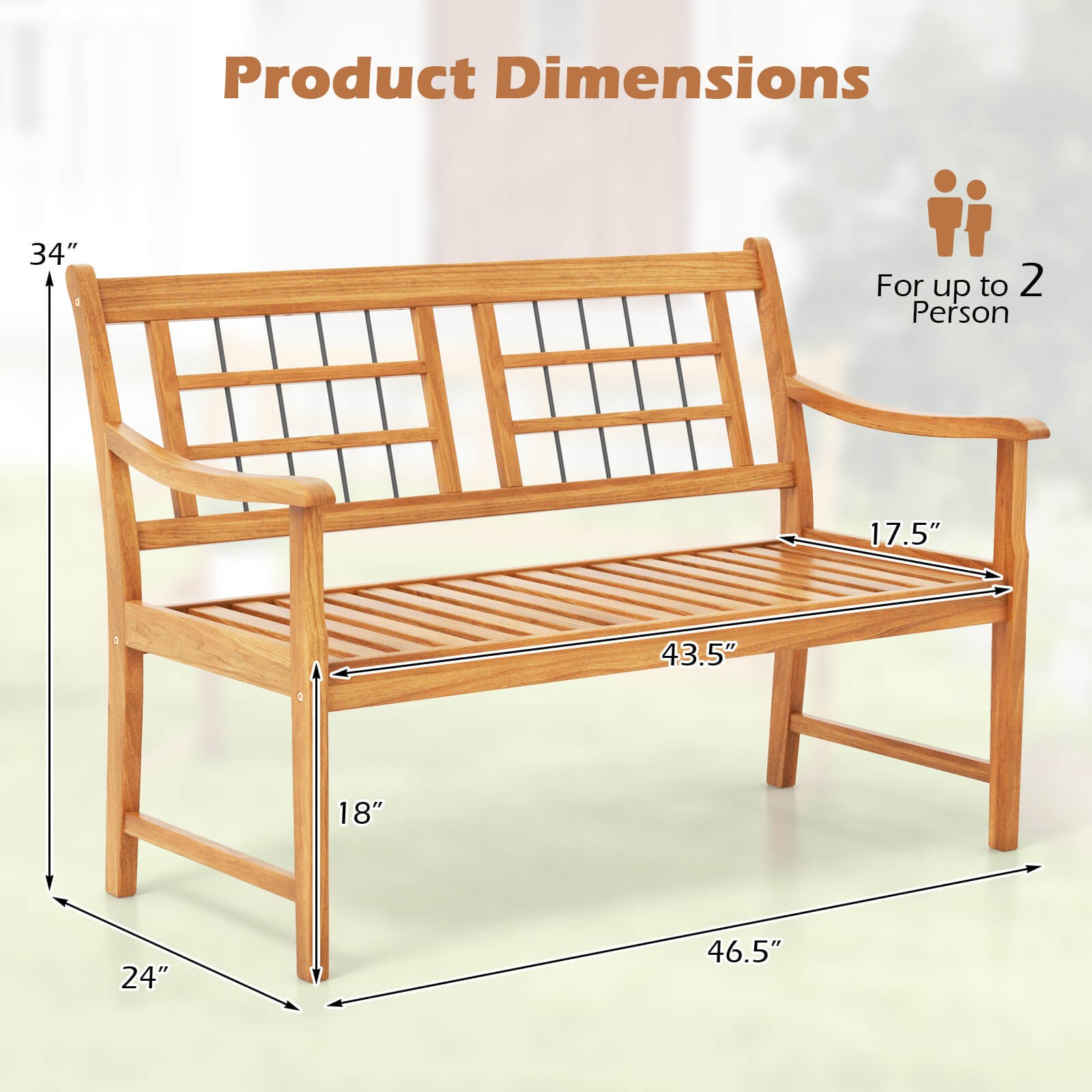 2-Person Patio Bench Outdoor Acacia Wood Bench w/ Slatted Seat & Backrest