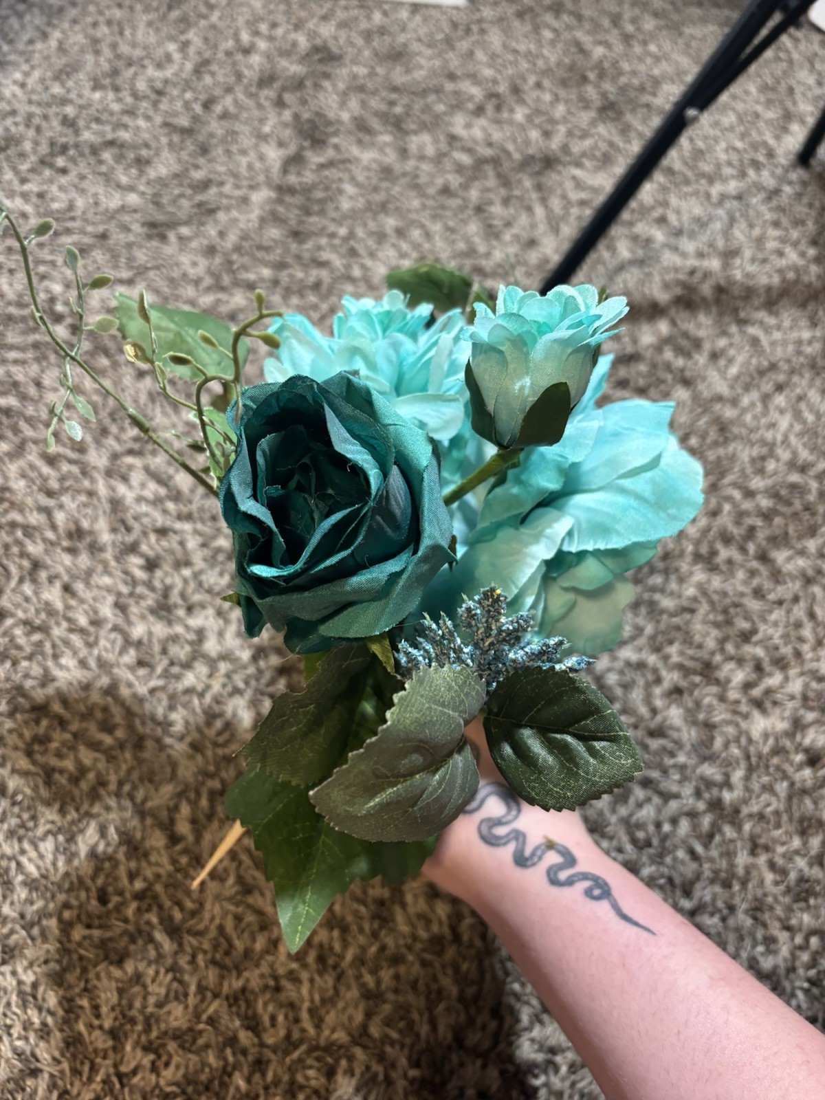 Teal Blue Artificial Flower Bouquet – Mixed Faux Blooms & Greenery, Rustic Wrap