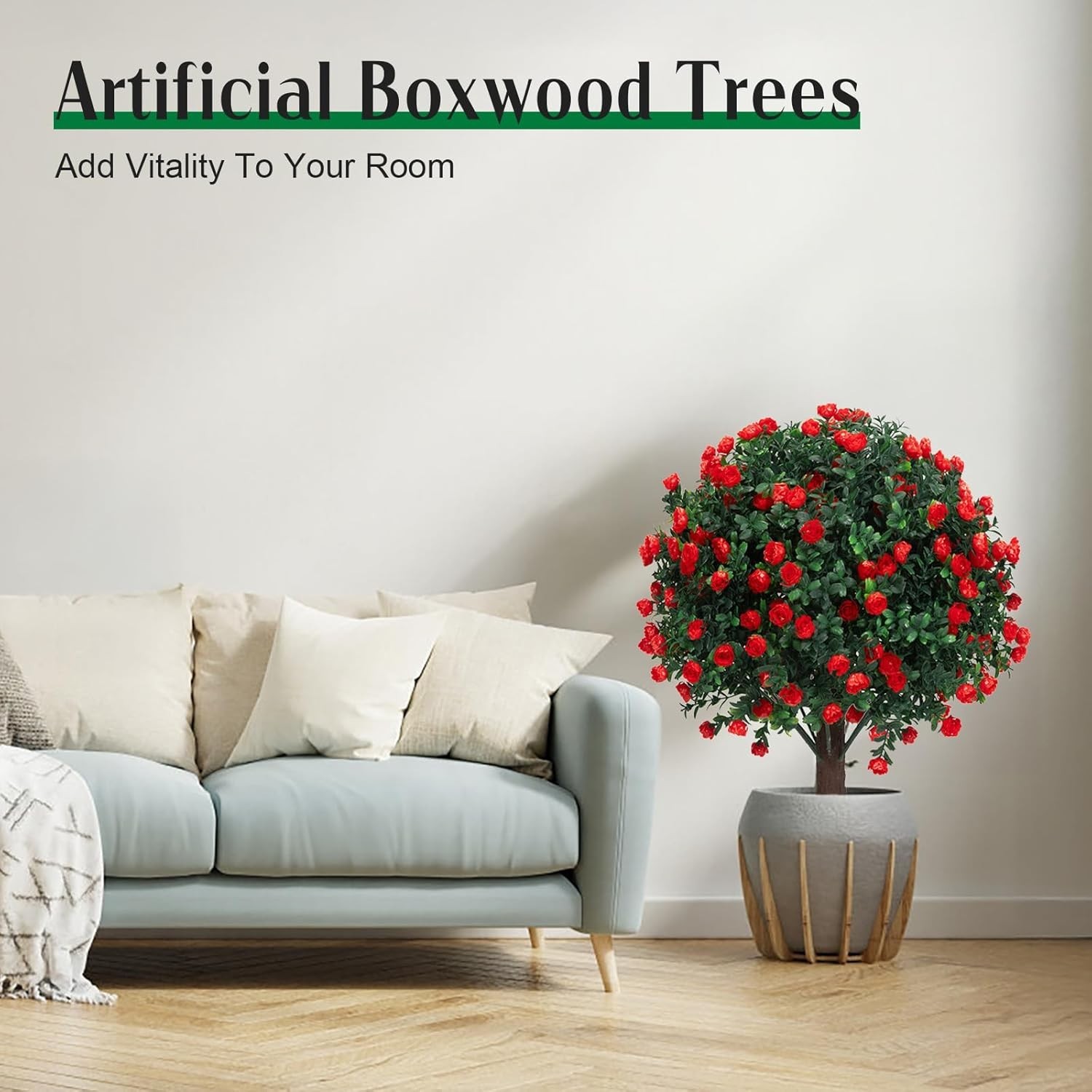 Set of 2 Artificial Boxwood Topiary Ball Trees with Red Flowers for Outdoor w…