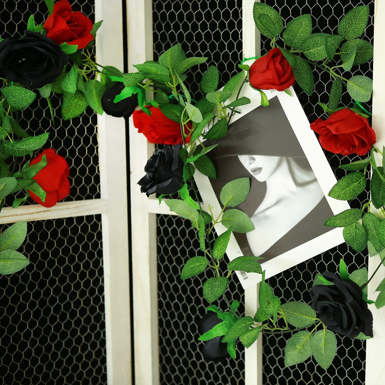 2 Pack Black Red Artificial Rose Flower Garland 13ft Gothic Elegant Valentine…