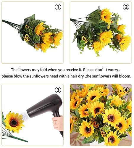 Artificial Sunflower Bouquets – 2 Bunches with 14 Large Blooms, 17.7″ – UV
