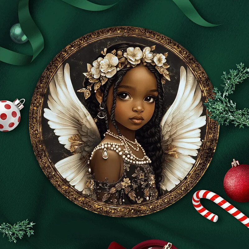 2D Round Flat Printed Acrylic African Angel Doll Sign Gold Cherub Sign