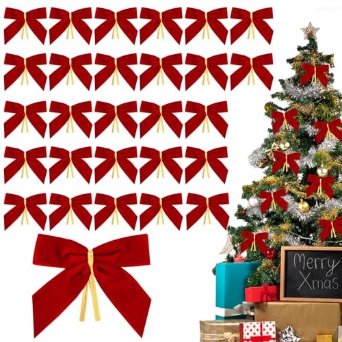 28PCS Velvet Bows for Christmas Tree,Velvet Ribbon Bows Christmas Ornaments Red