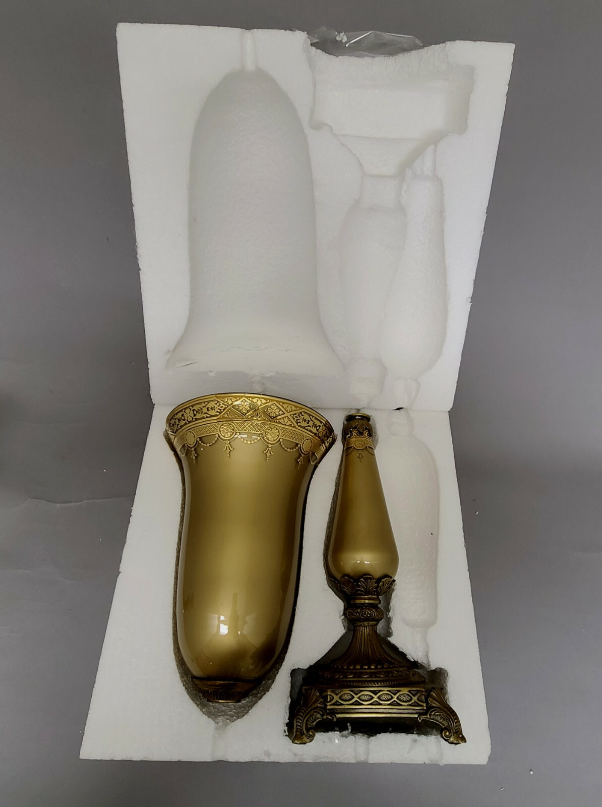 Vase Gold Print on Gold Glass with Gold Metal Base 8.5″D 24.5″High FREE SHIPING