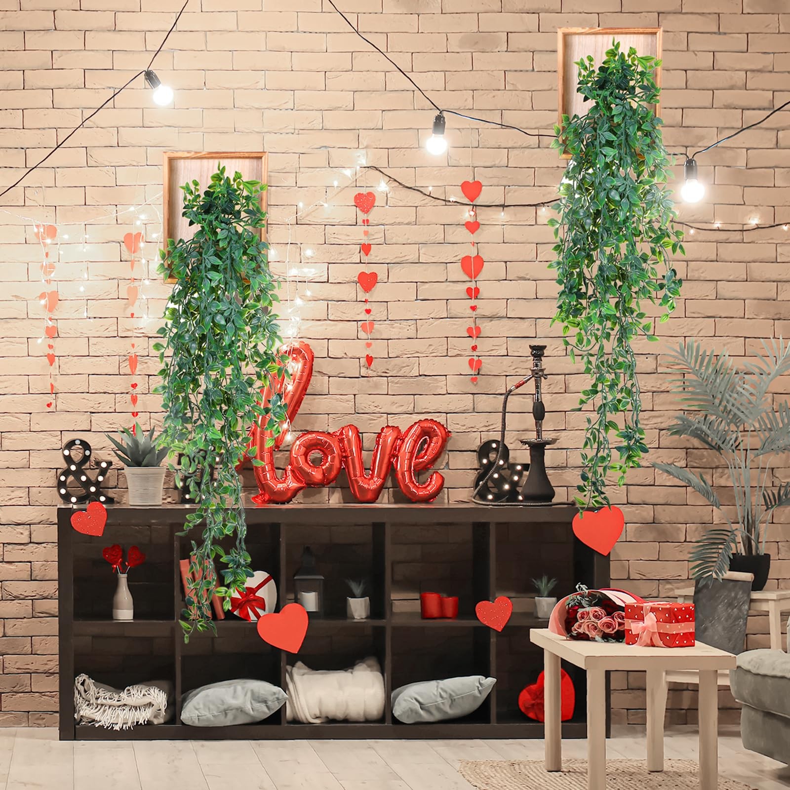 2 Pack Artificial Hanging Plants with Wooden Frames, Fake Mandala Leaves Decor
