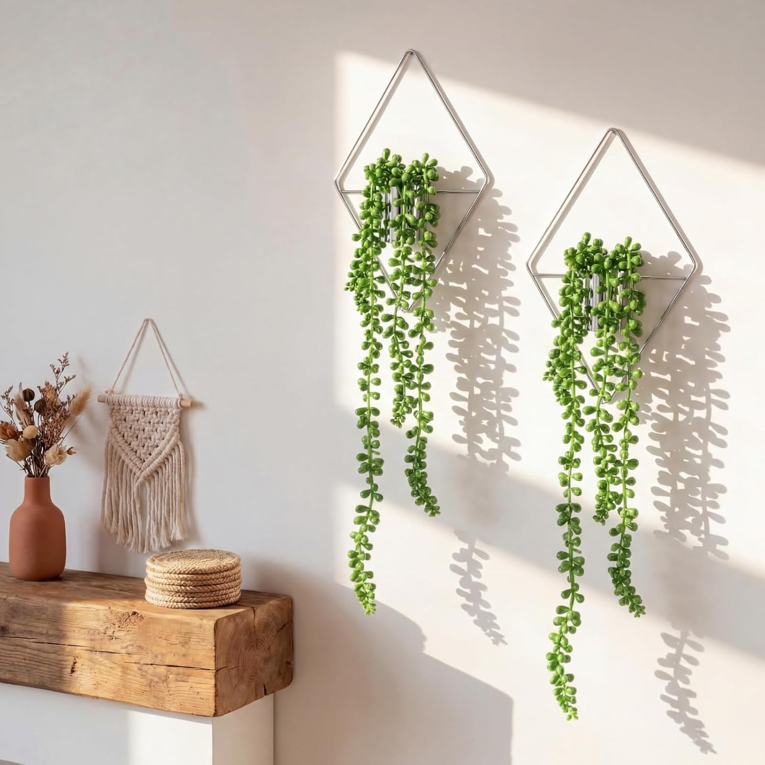 2 Pieces Gold Wall Decor Hanging Planters W/ Artificial Plants Metal Vase Indoor