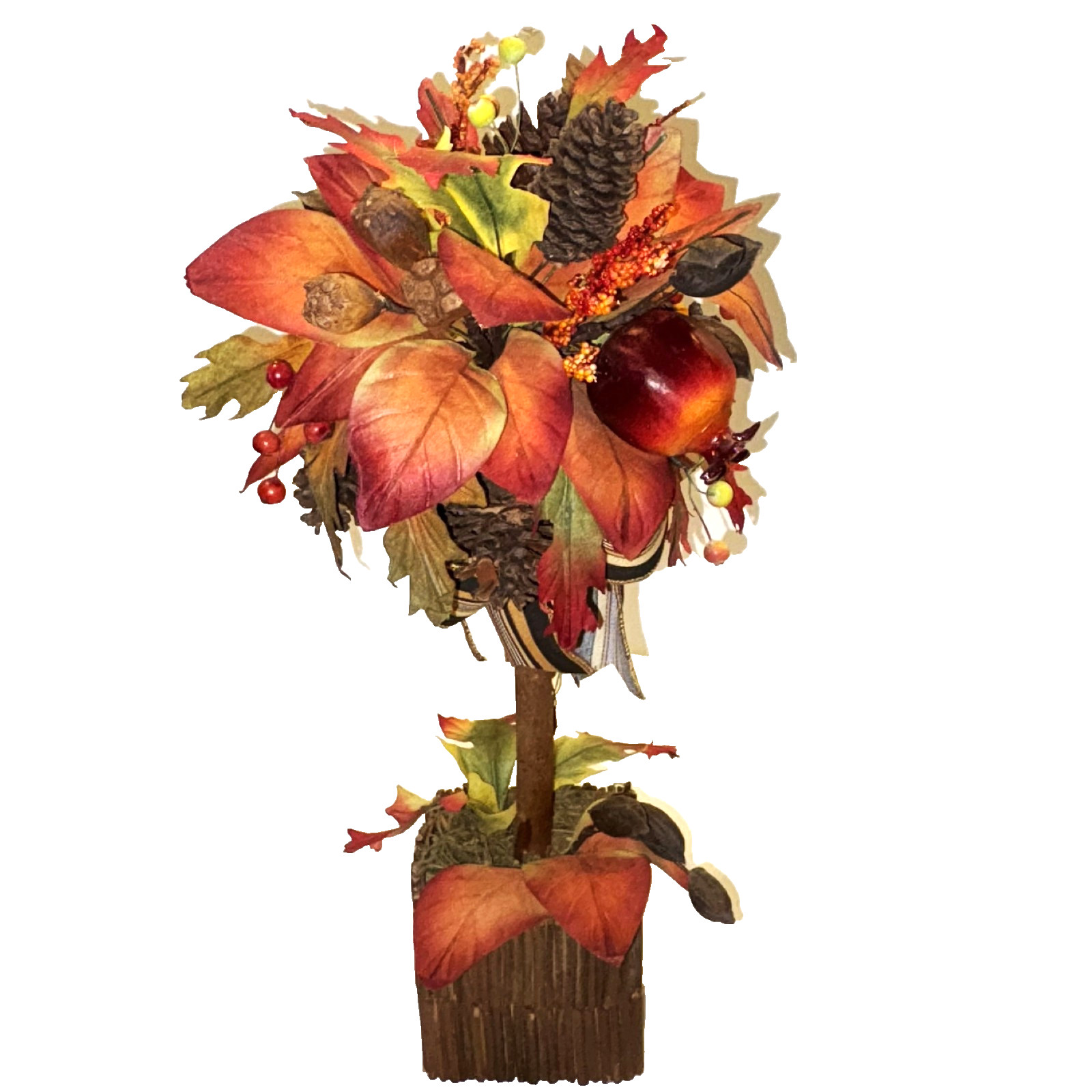 Fall Topiary Tree 20″ Orange Brown Faux Floral Decor Autumn Leaves Fruit Ribbons
