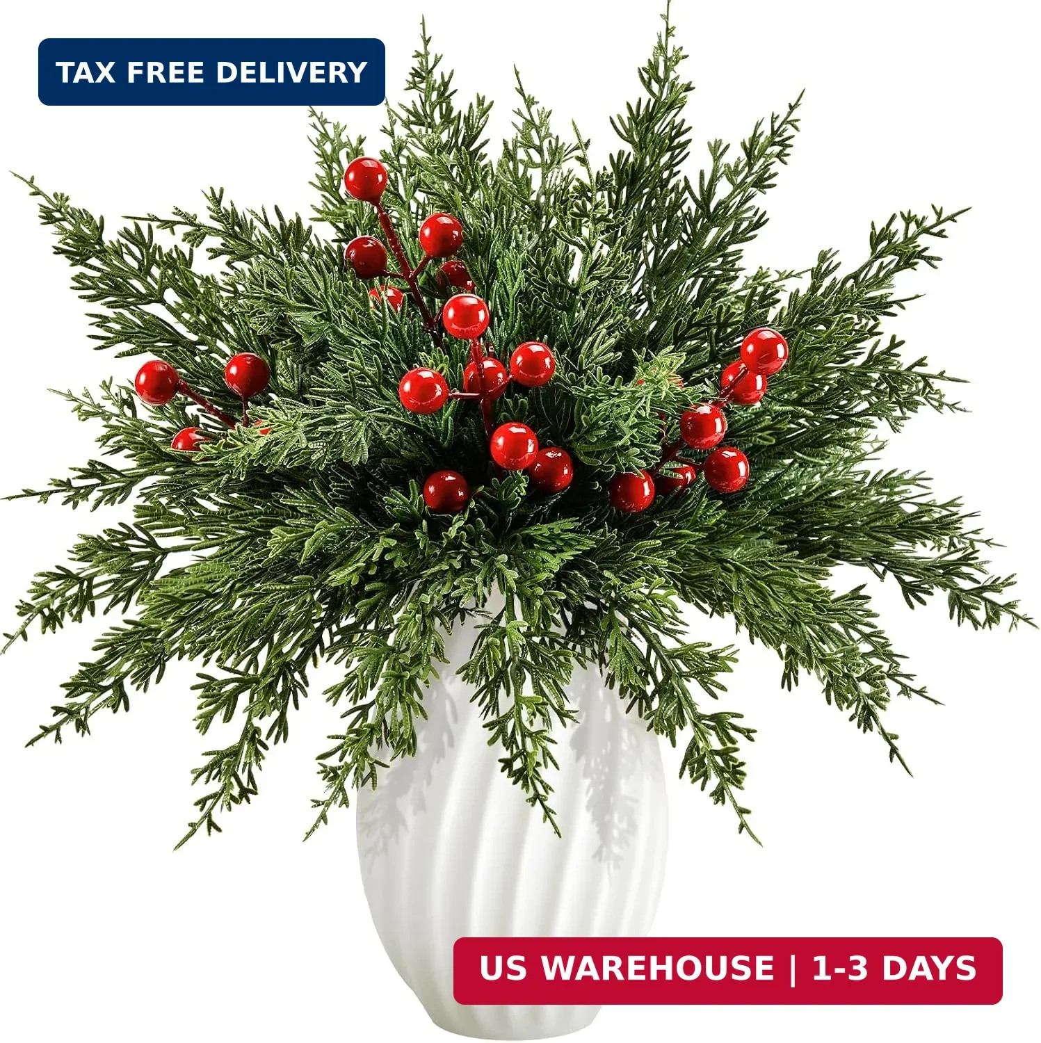 45Pcs Artificial Pine Branches with Red Berry Stems,Christmas Faux Green Cedar S