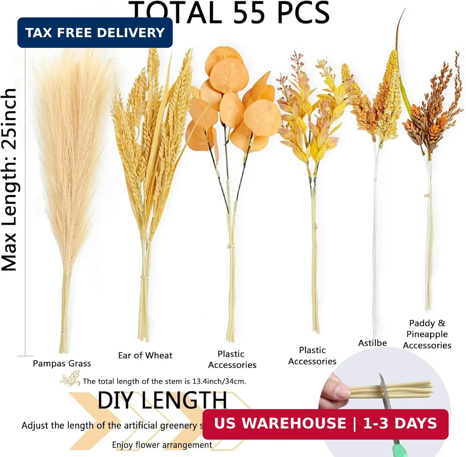 Artificial Greenery Stems, 55pcs Box Set for Wedding, Home & Office | 13 Kinds F