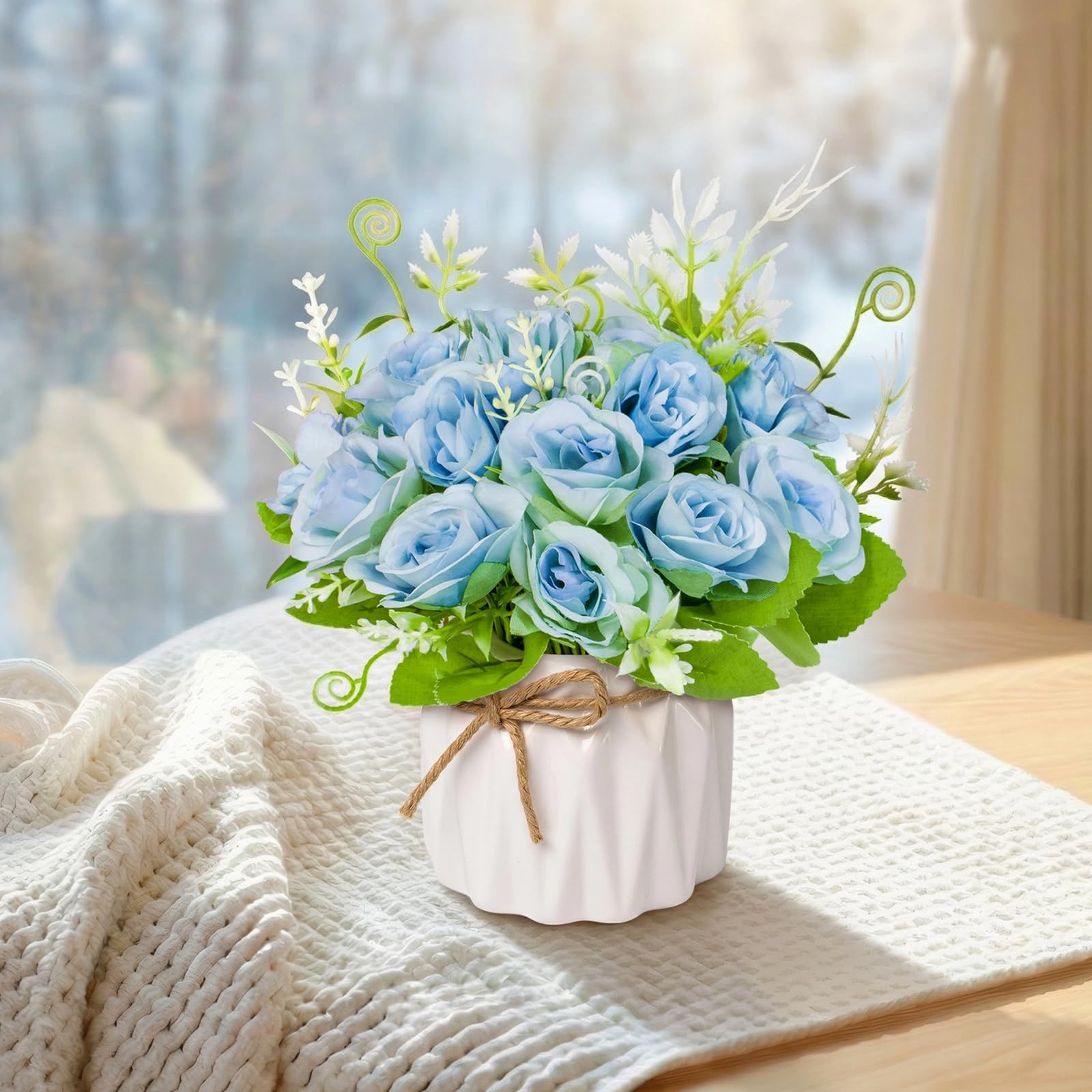 Blue Artificial Roses with Ceramic Vase, No Maintenance Fake Flowers for Tabl…