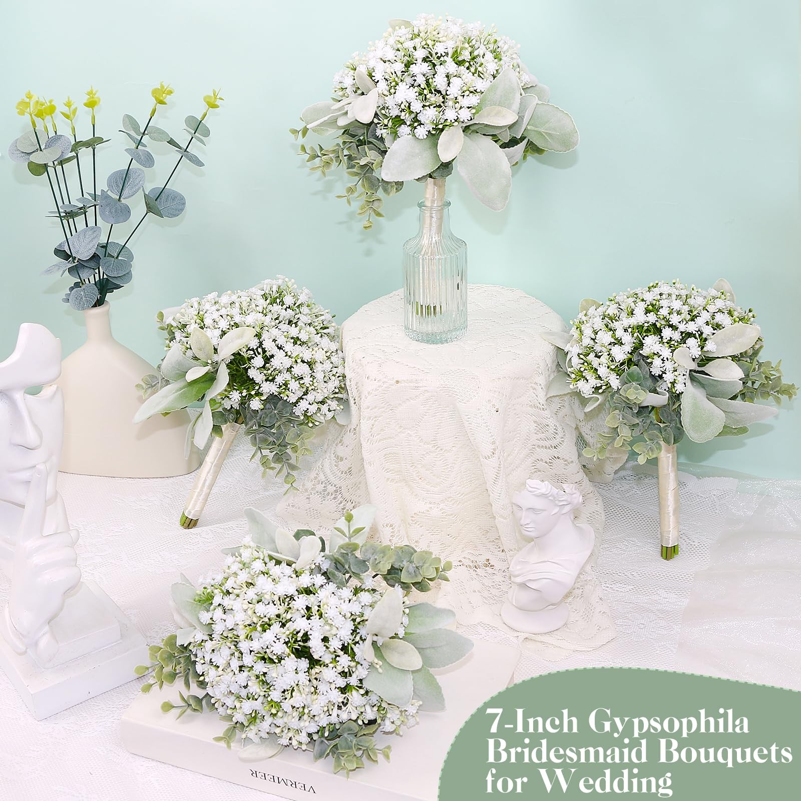 Wedding Artificial Bridesmaids Bouquets Set of 6- Faux Babys Breath White Fak…