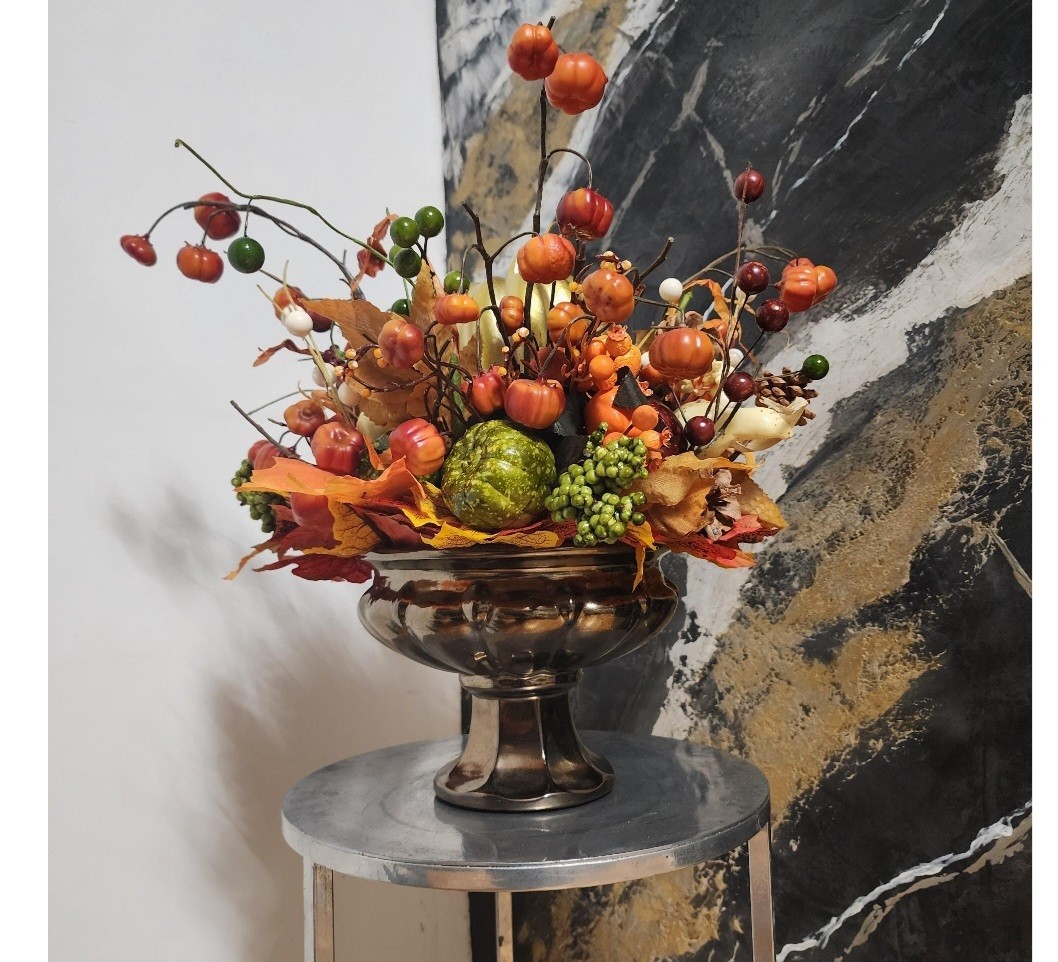 Fall Season Arrangement Flowers Mix Bouquet In Urn Vase