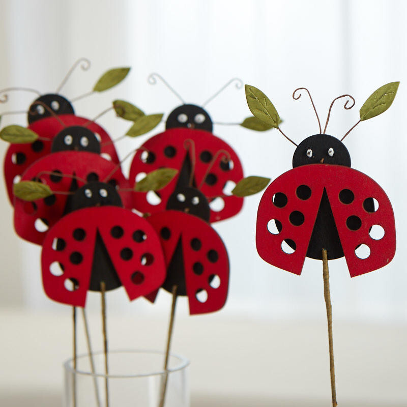 Package of 6 Whimsical Wood Ladybug 14″ Floral Picks
