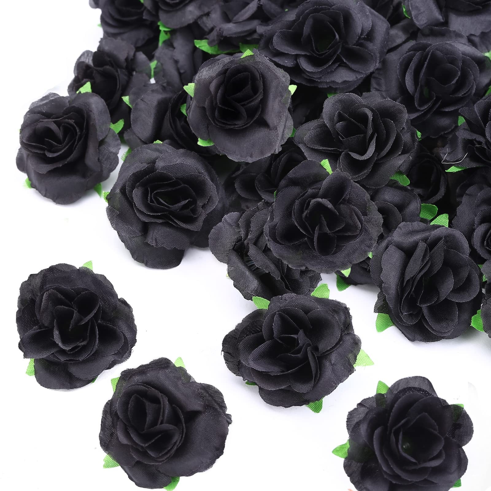 50 Pcs Mini Black Silk Artificial Real Touch Fake Rose Flower Heads 1.57 Inch