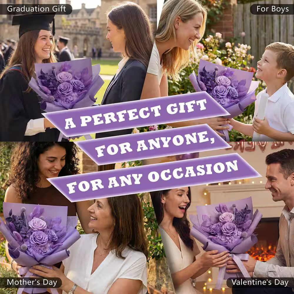 13.4 In. Purple Artificial Preserved Rose Bouquet-Includes Gift Box and Greeting