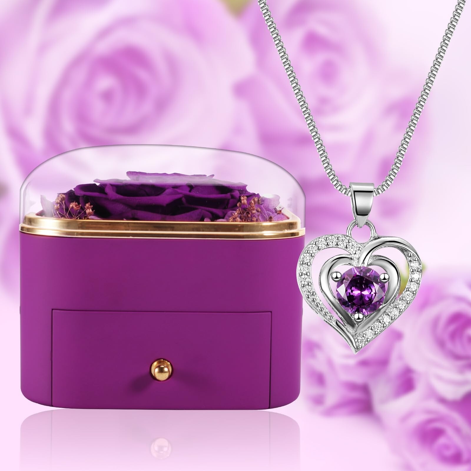 Preserved Real Purple Roses Gift Jewerlry Box, Real Eternal Rose Flower with …