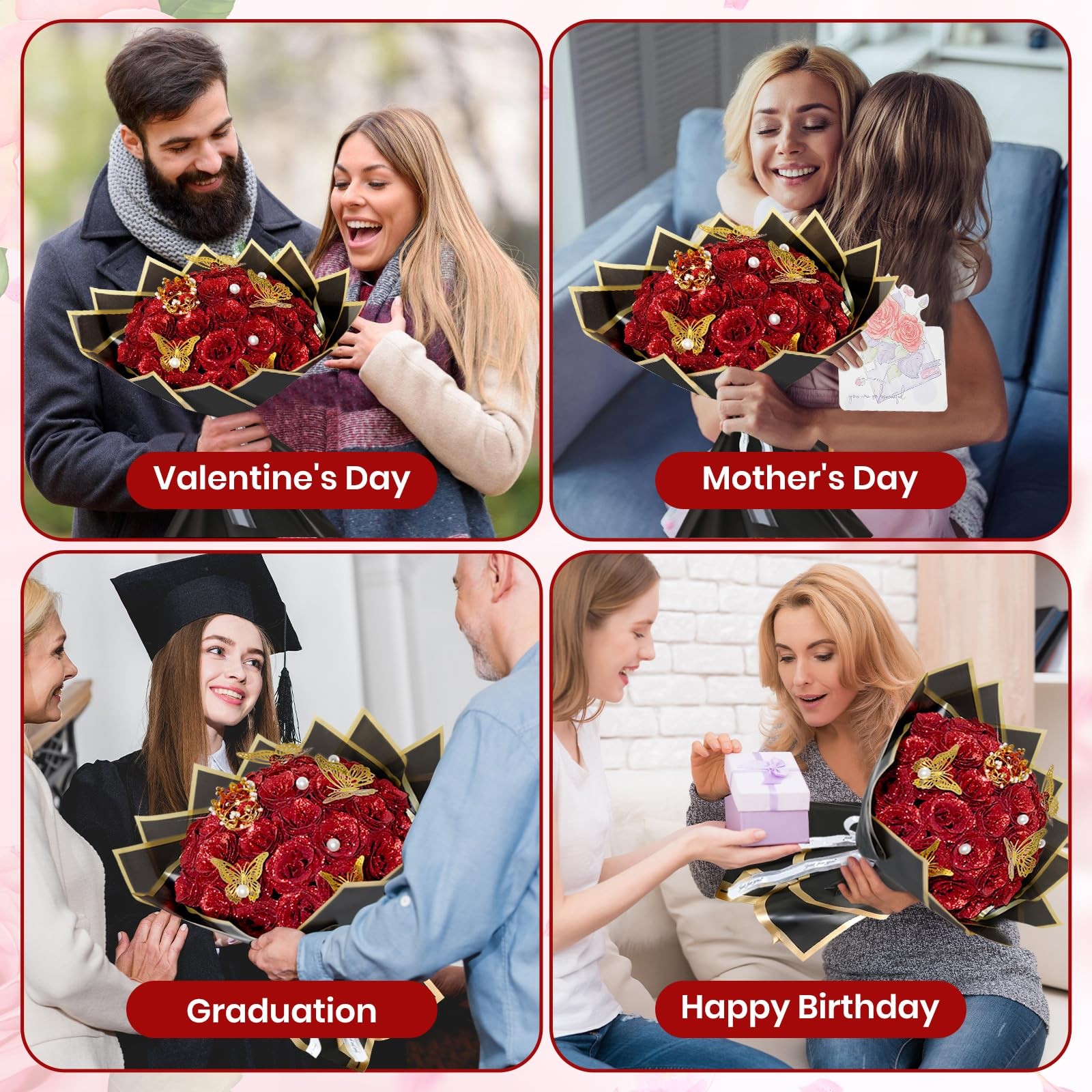 Red Glitter Roses Bouquet, 24 Pcs Shiny Glitter Flowers Bouquet, Everlasting Art