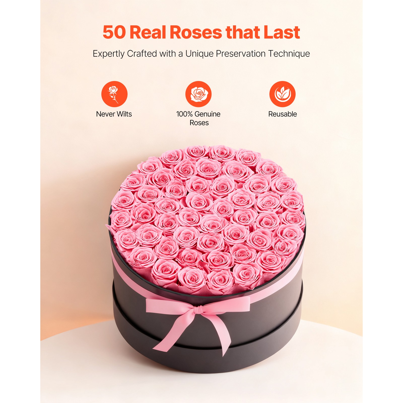 Uimoso 50 Preserved Roses in Round Box – Eternal Bouquet in Soft Pink