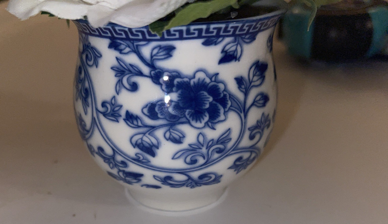 Artificial Floral Arrangement Roses Blue White Porcelain Vase 2.75 n x 2.75 in