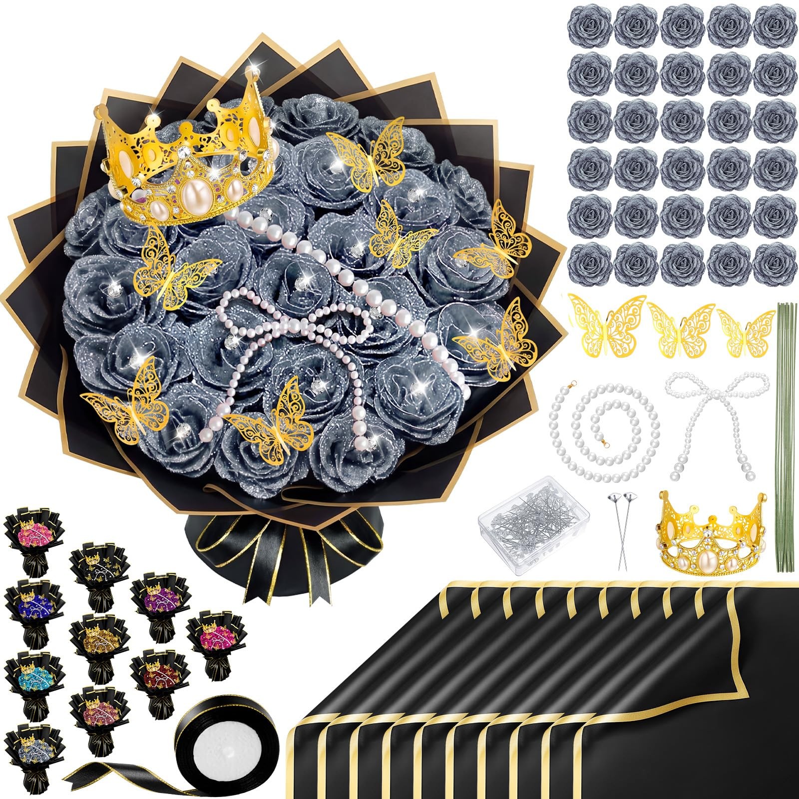 196 Pcs Graduation Gifts DIY Glitter Roses Bouquet Kit Artificial Flower Bouq…