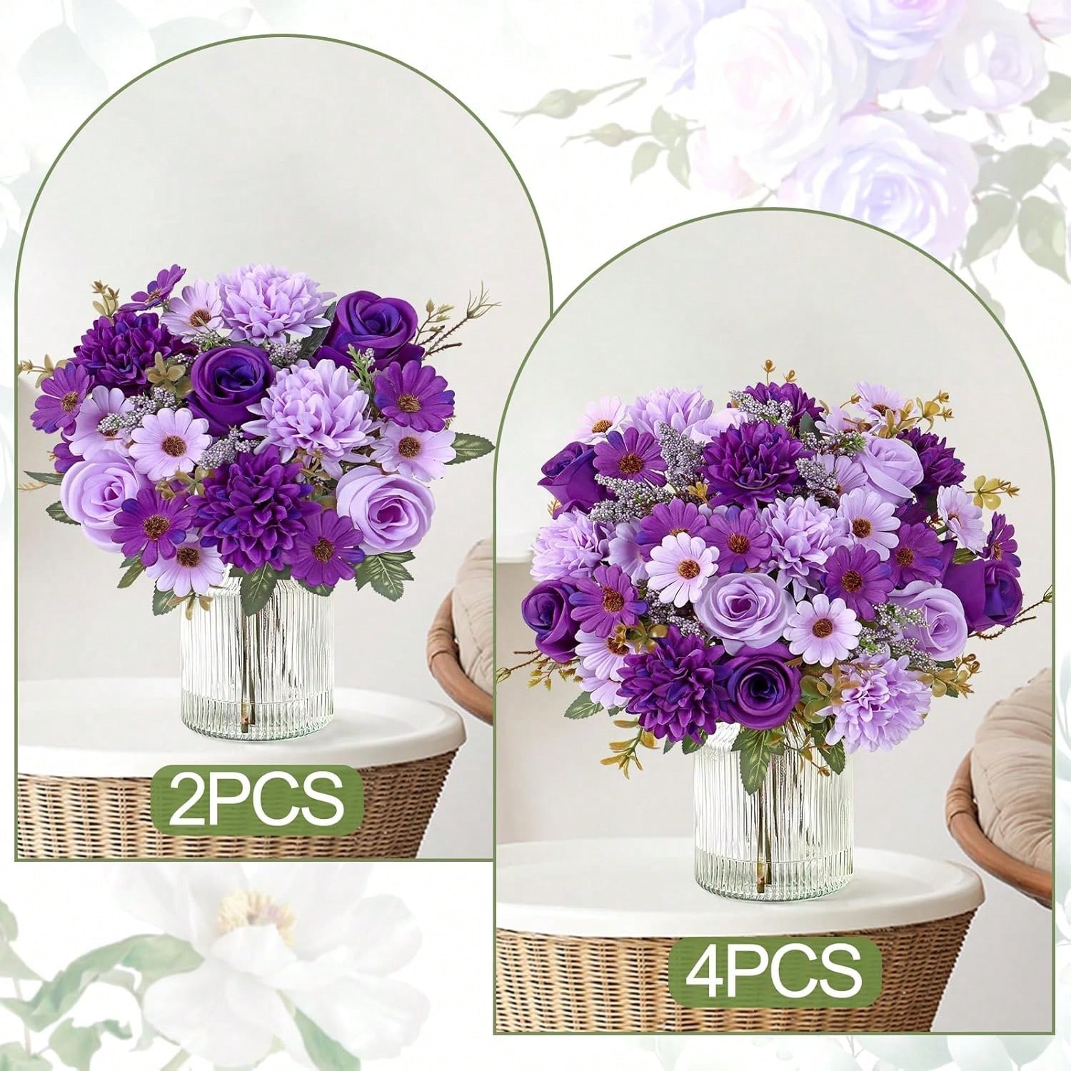 Purple Artificial Silk Flower Bouquet 3 Pieces For Wedding Home Decor