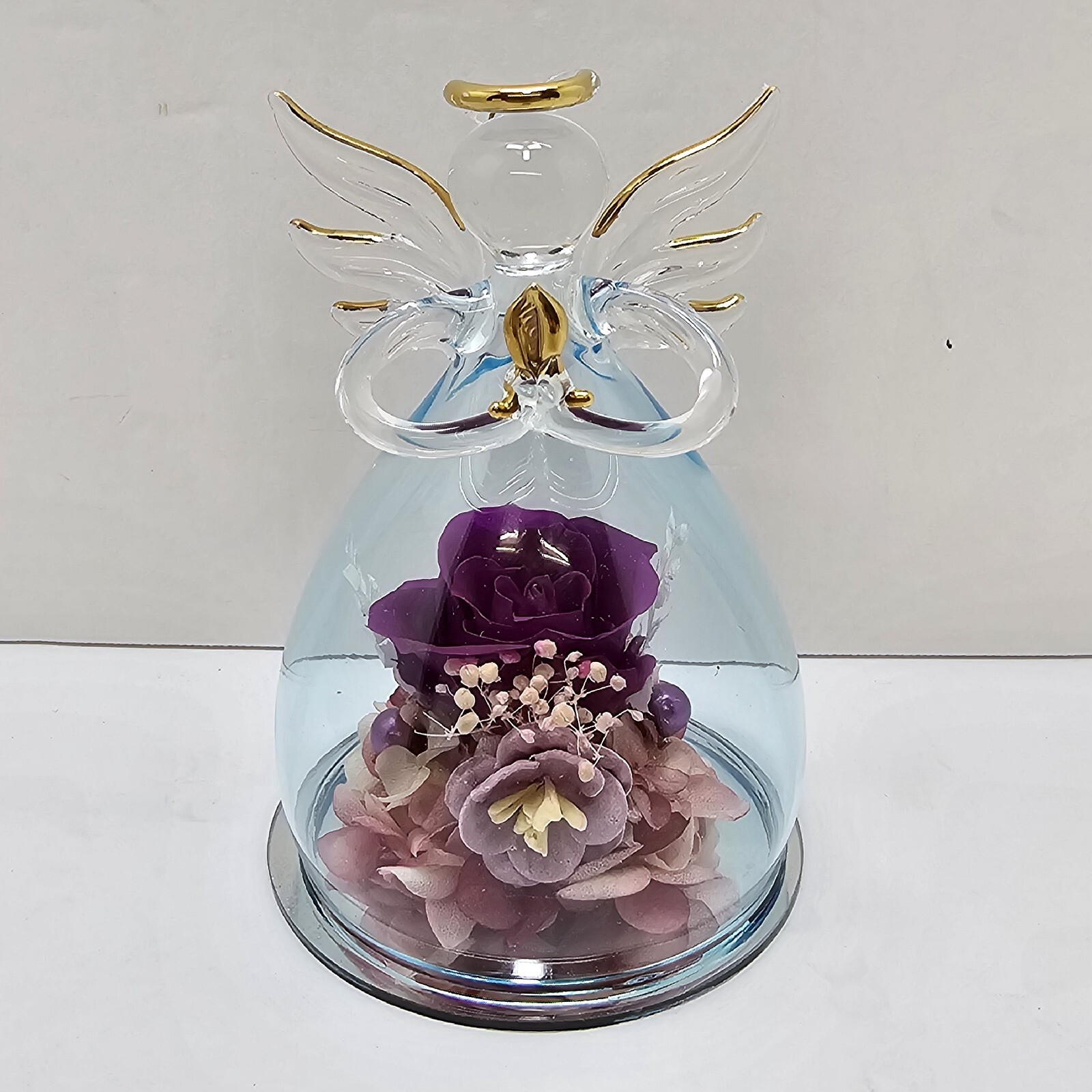ANLUNOB Eternal Rose Glass Angel Figurine Purple Flower Hand Blown Sweetheart