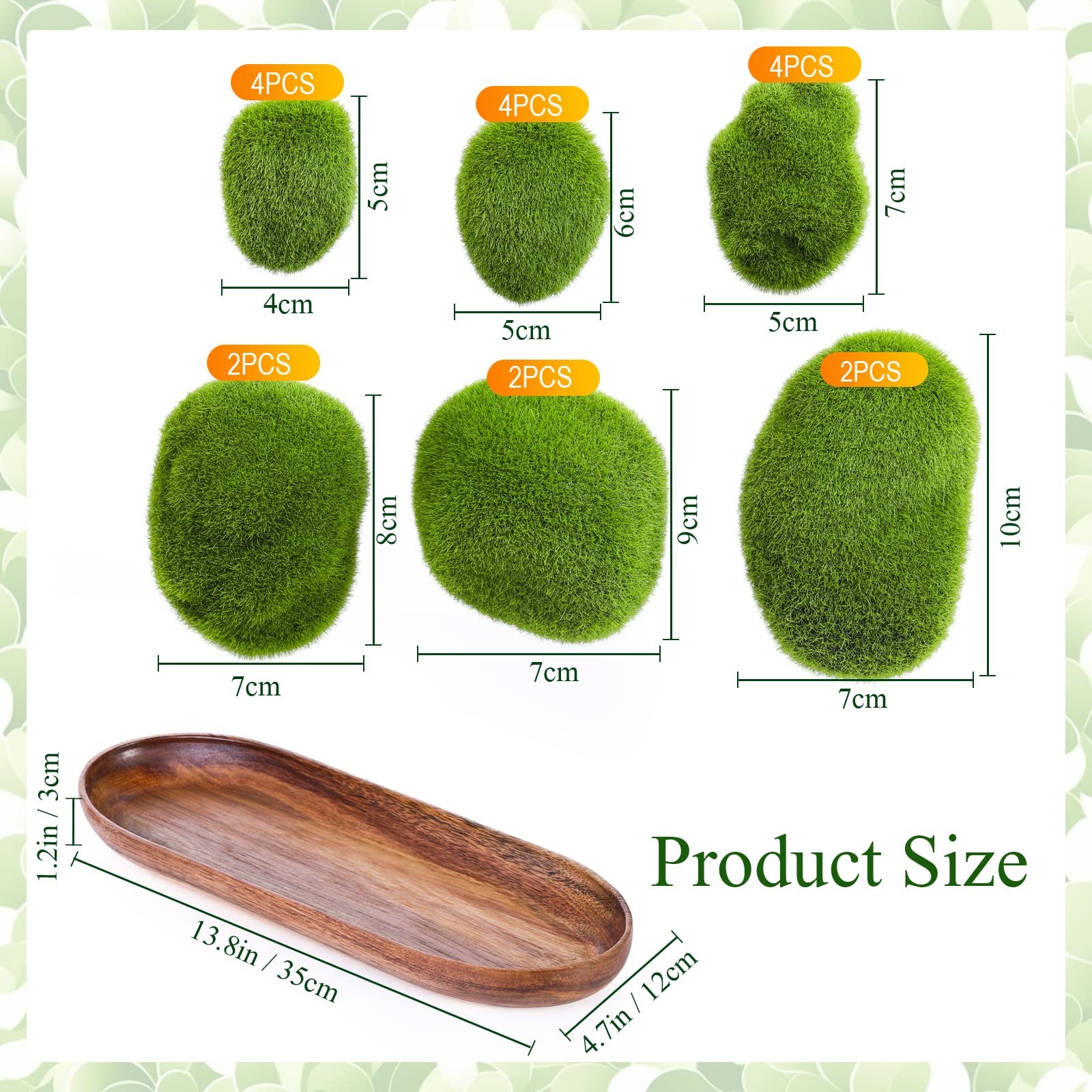 18 Pcs 6 Sizes Artificial Moss Rocks with Oval Wood Tray 13.8” x 4.7” x 1.2…