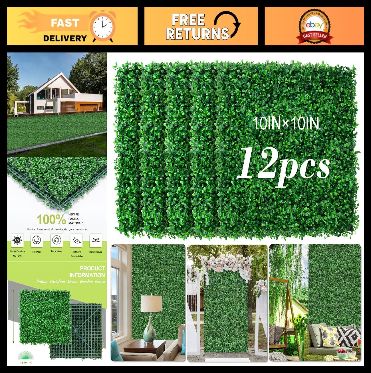 10″x10″ Artificial Grass Wall Panels – 12Pcs Boxwood Hedge Decor, UV-Resistant G