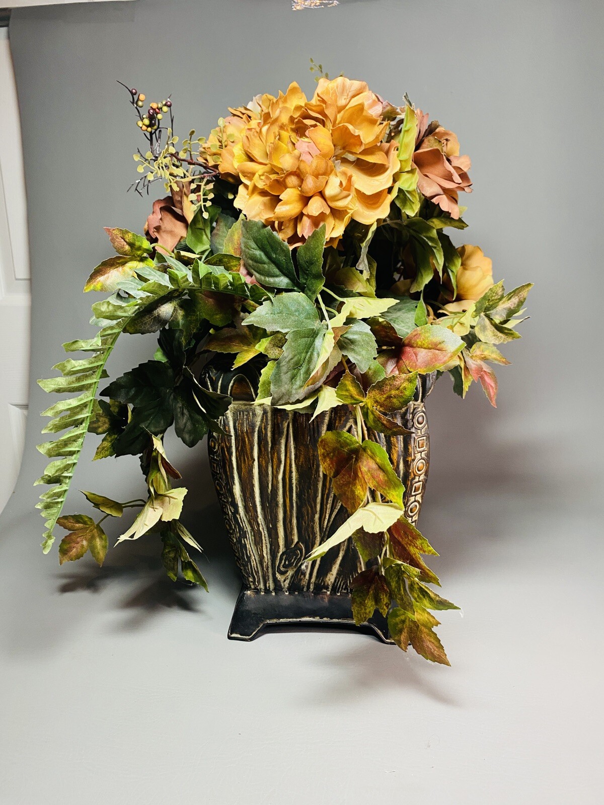 Autumn Silk Flower Foliage Arrangement Décor in Metal Planter 20″ Tall Fall Hues