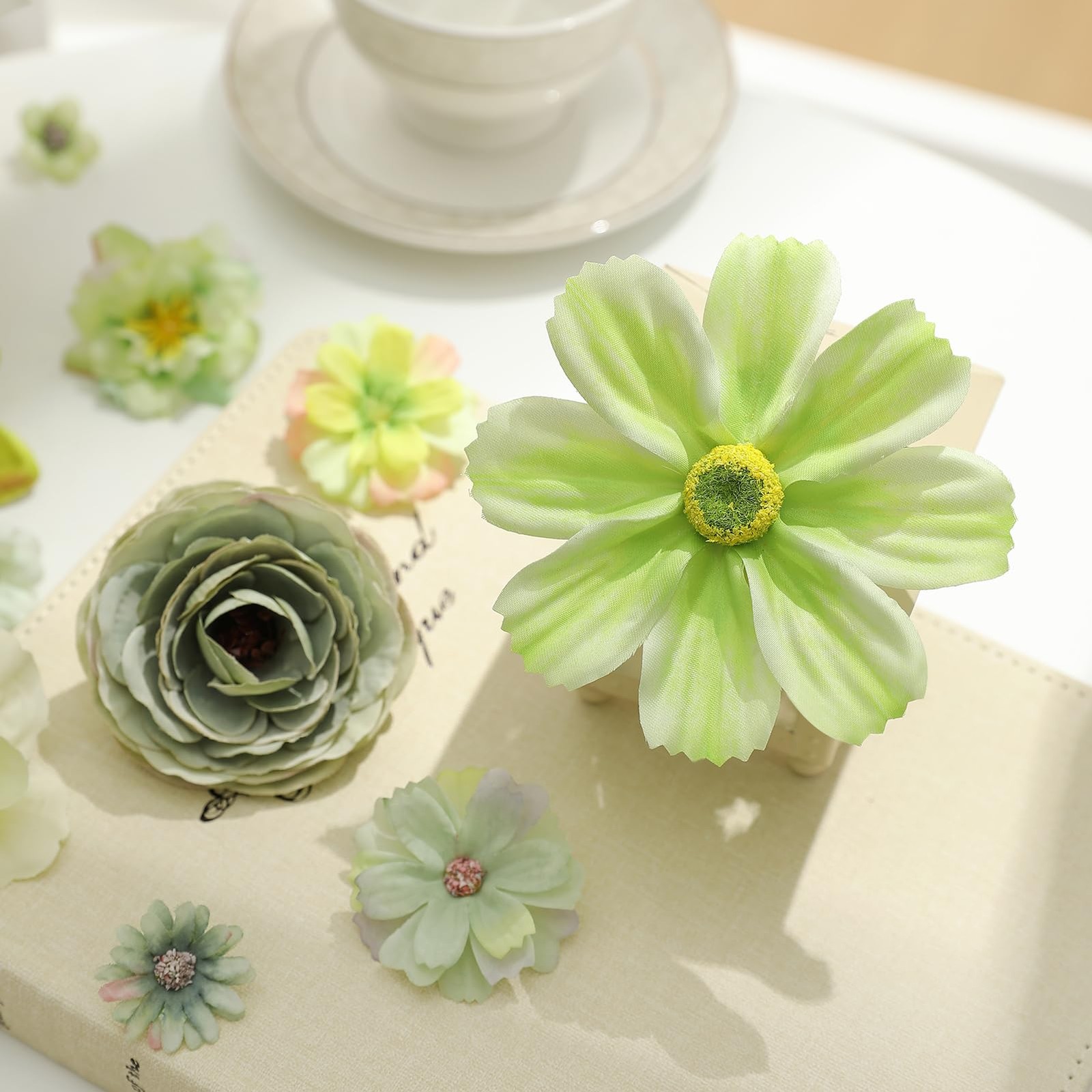 Fake Flower Heads Bulk – Green Silk Daisy & Rose Artificial Flower for Crafts…