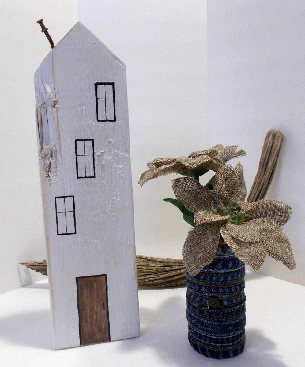 Small Denim Vase from Denim Side Seams w Burlap Flowers & Painted Wooden House