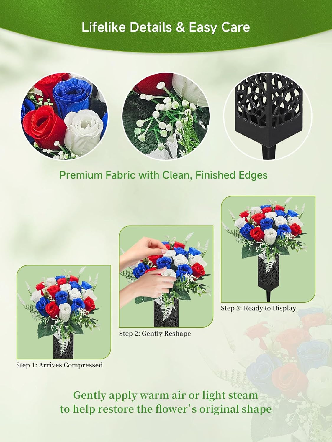 2 Pack Cemetery Grave Flowers Spiked Vases Artificial Rose Memorial Decor